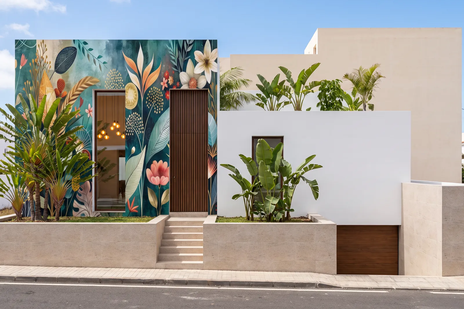 Render exterior de una vivienda de una planta con una fachada de entrada cubierta por un mural botánico de color, enmarcada por plataneras y un muro de piedra de jardín.