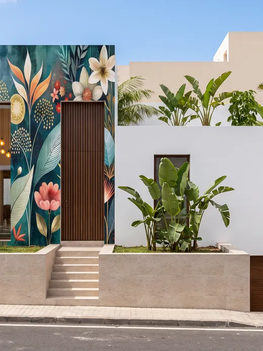 Exterior render of a single-storey home with an entrance facade covered in a colourful botanical mural, framed by banana palms and a stone garden wall.