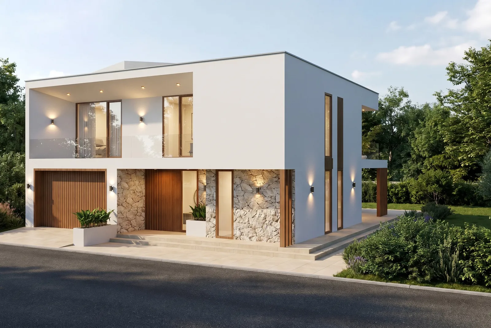 Front facade of Marea villa at dusk with a timber-slat garage door, split-face stone entry wall, and a covered upper terrace lit from within.