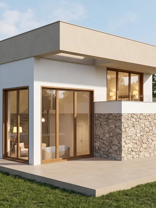 Side facade of Horizonte villa with white render, a split-face stone base, a timber pergola, and full-height glazing opening onto a garden terrace.