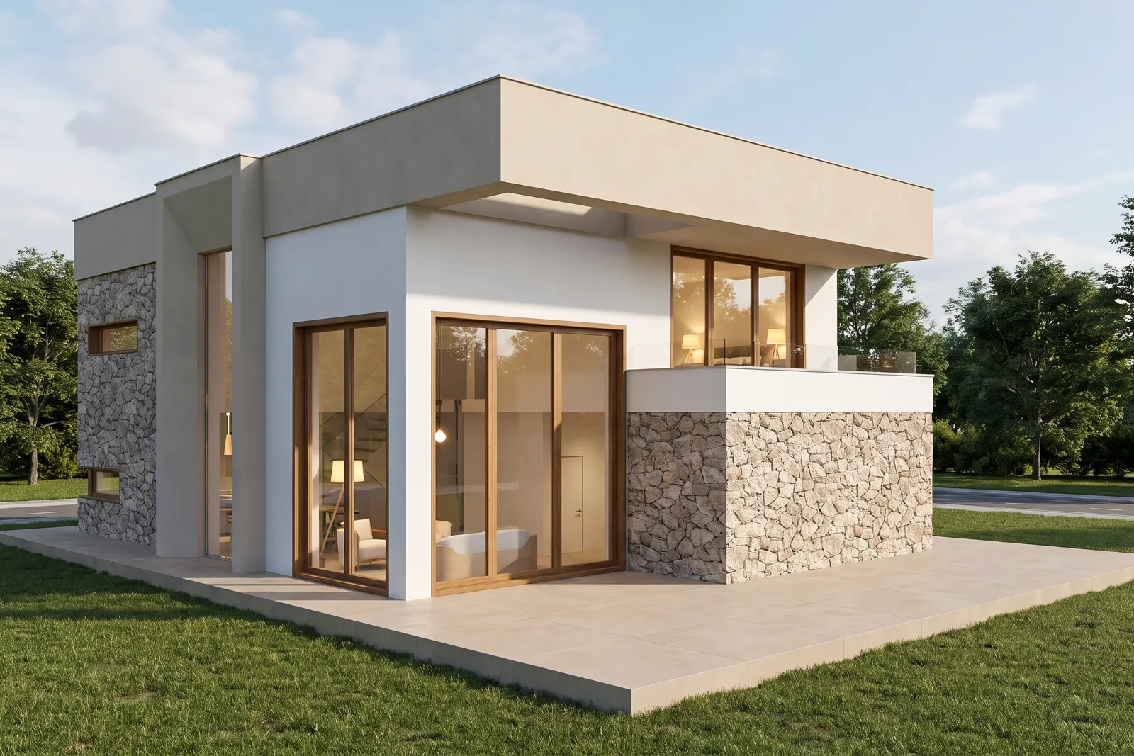 Fachada lateral de la villa Horizonte con revoco blanco, un zócalo de piedra partida, una pérgola de madera y ventanales de suelo a techo abiertos a una terraza ajardinada.