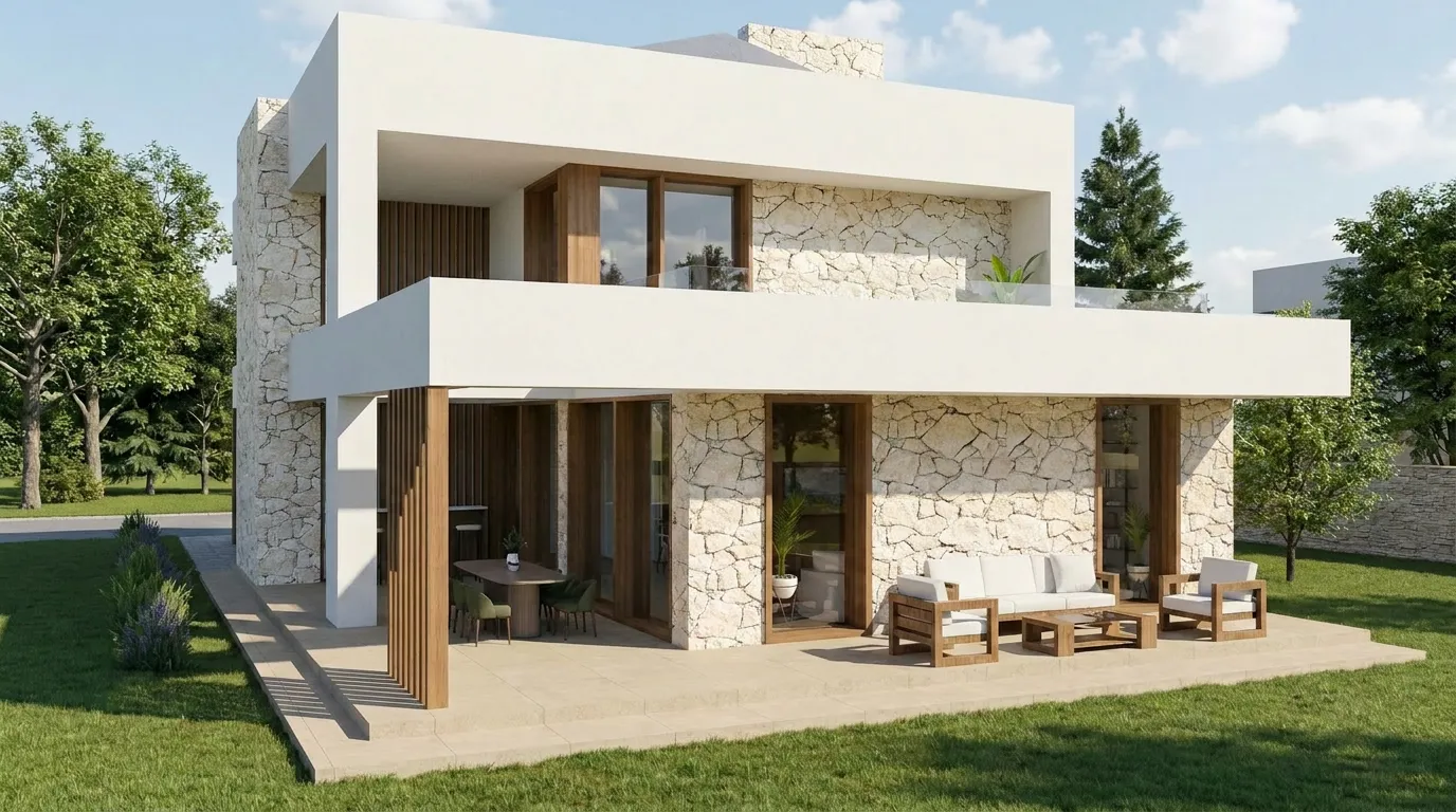 Rear facade of Brisa villa with a stone accent wall, timber-clad columns, and a covered terrace lounge opening onto the garden.