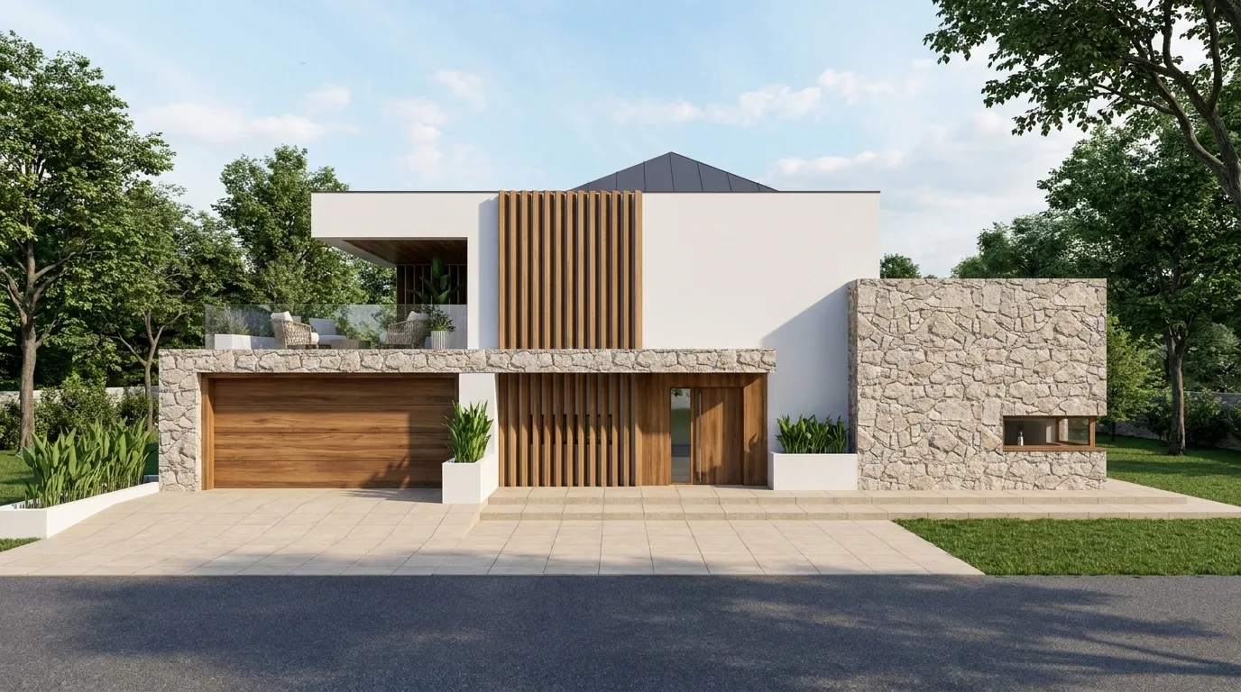 Front facade of Duna villa with white render, a vertical timber slat entry screen, split-face stone cladding, and a covered upper terrace.