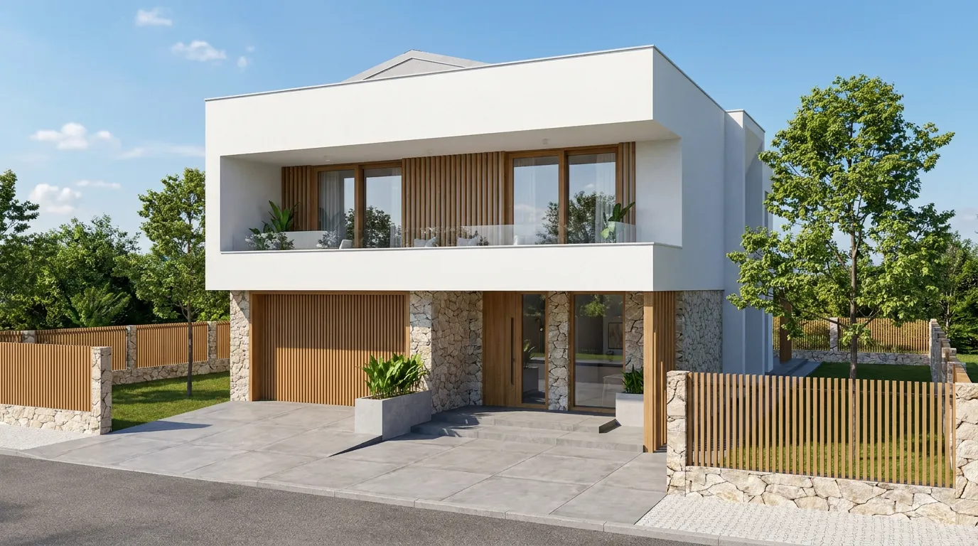 Front facade of Brisa villa with split-face stone cladding, a timber-slat garage door and entry screen, and a stone-walled garden entrance.