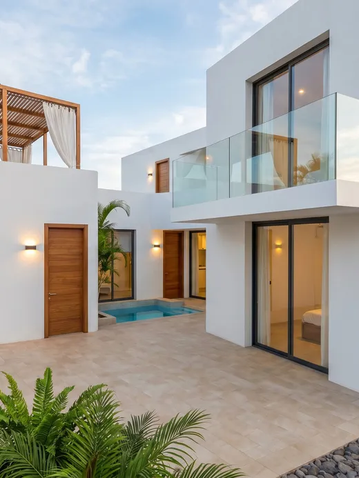 Rear courtyard at dusk with a private plunge pool between two wings of the villa, glass balcony above.