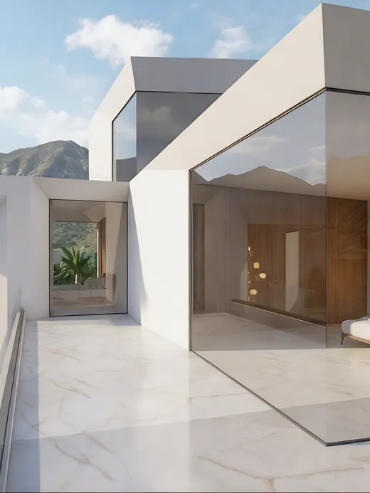 Upper-level terrace bridging two glazed volumes, a lounge on one side and a bedroom on the other, framed by mountain views over a marble-tiled floor.
