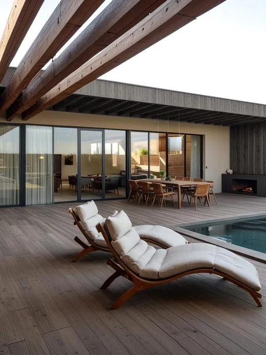 Timber-decked terrace under a pergola of exposed beams, with loungers beside an infinity pool facing the mountains.