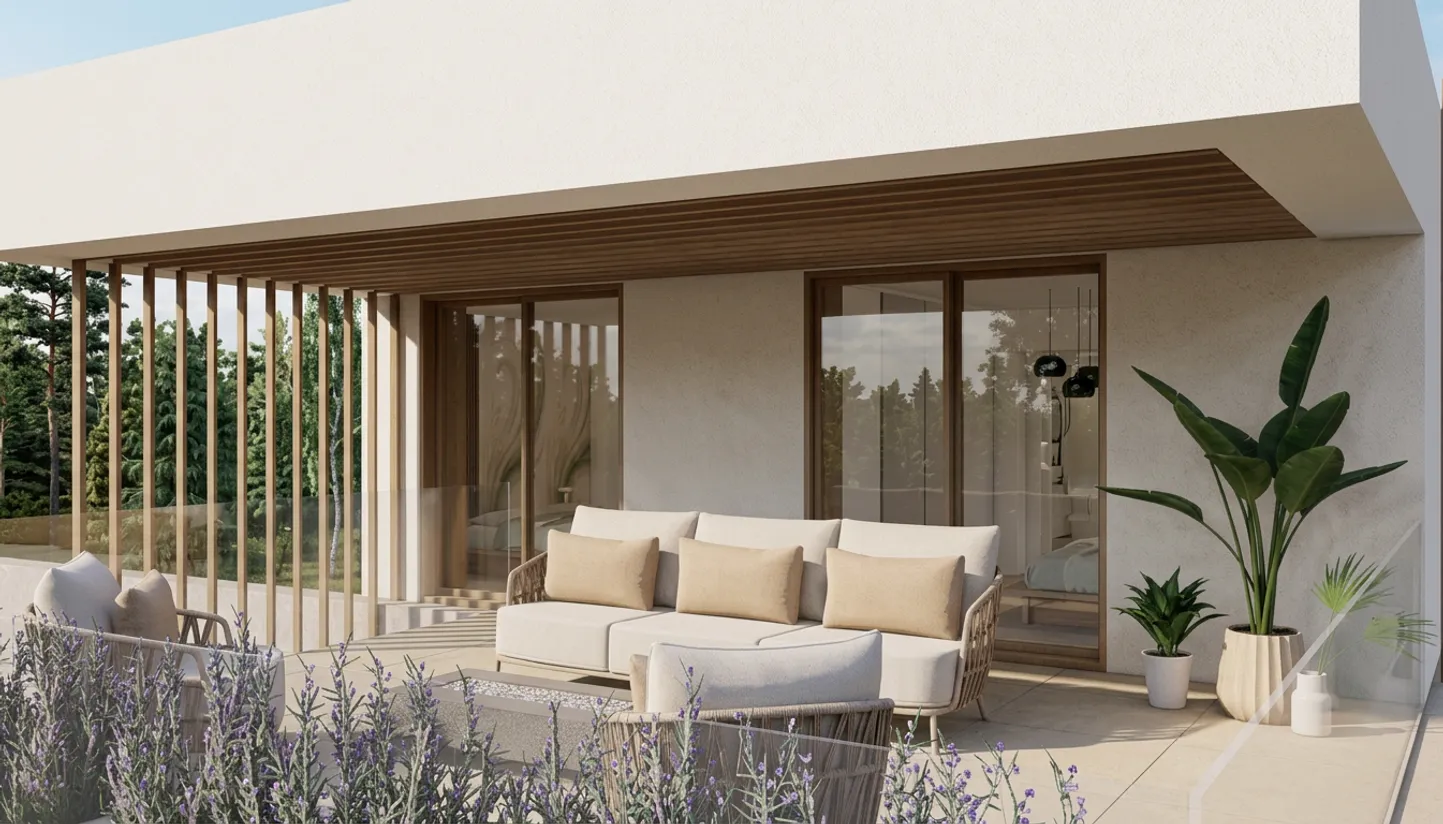 Covered terrace with a timber-slat canopy, a beige outdoor sofa, a built-in fire pit, and views into a lavender border and pine trees.