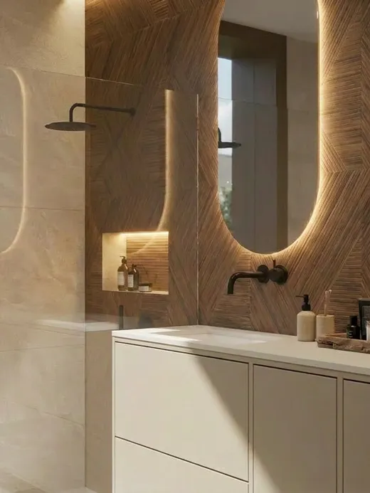 En-suite bathroom with a timber-textured feature wall, twin vessel sinks, backlit oval mirrors, and a glass shower opening onto a garden view.