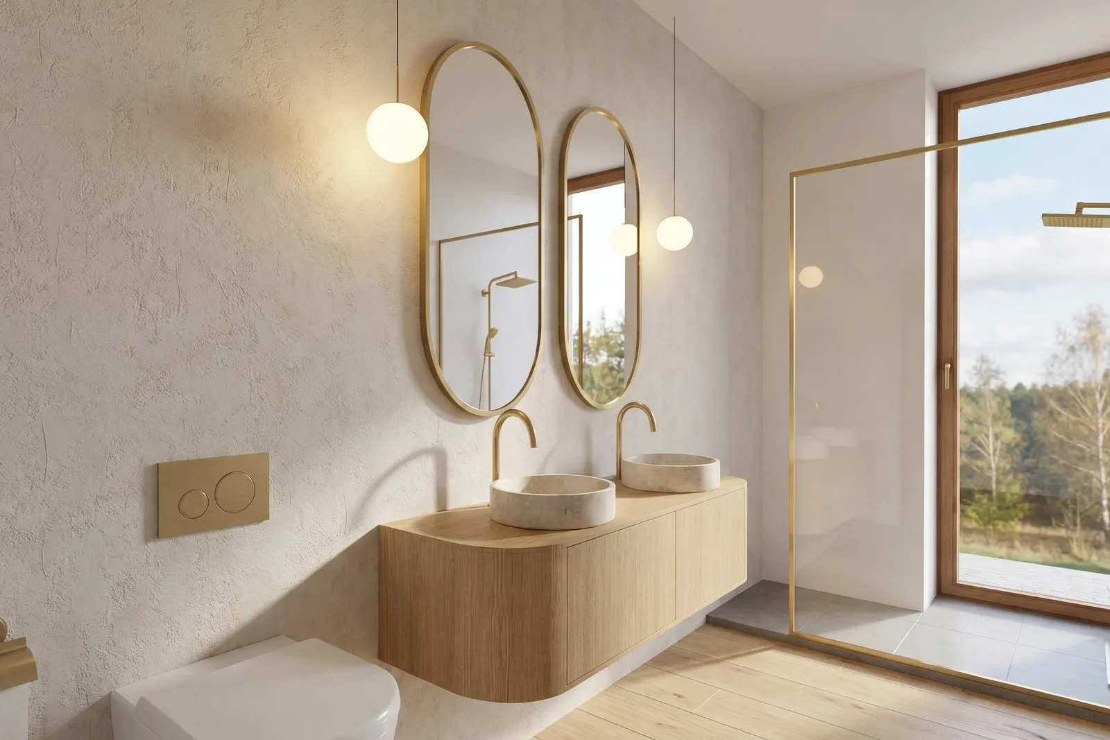 En-suite bathroom with twin stone vessel sinks, oval brass-framed mirrors, and a walk-in glass shower opening onto a garden view.