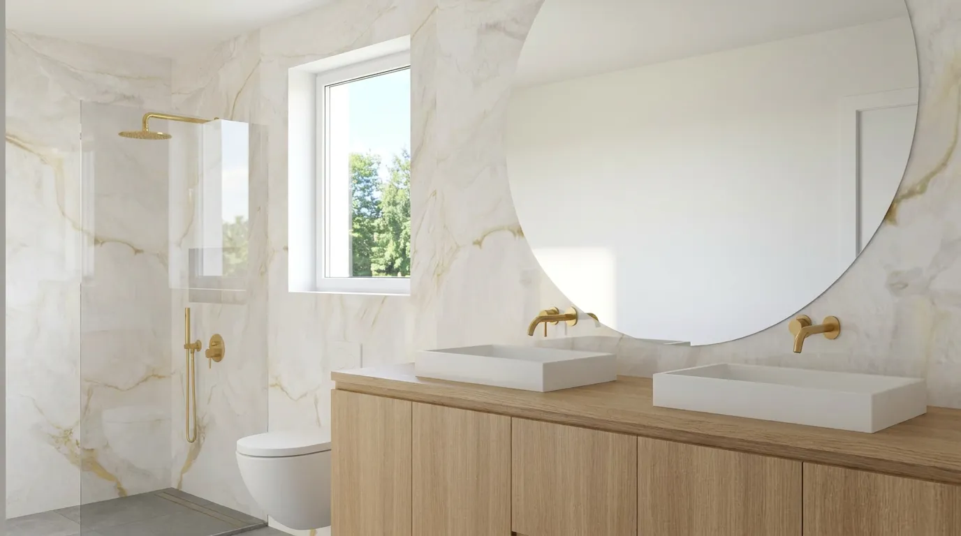 En-suite bathroom with veined marble walls, brass fixtures, twin countertop basins, a round mirror, and a glass-enclosed shower.
