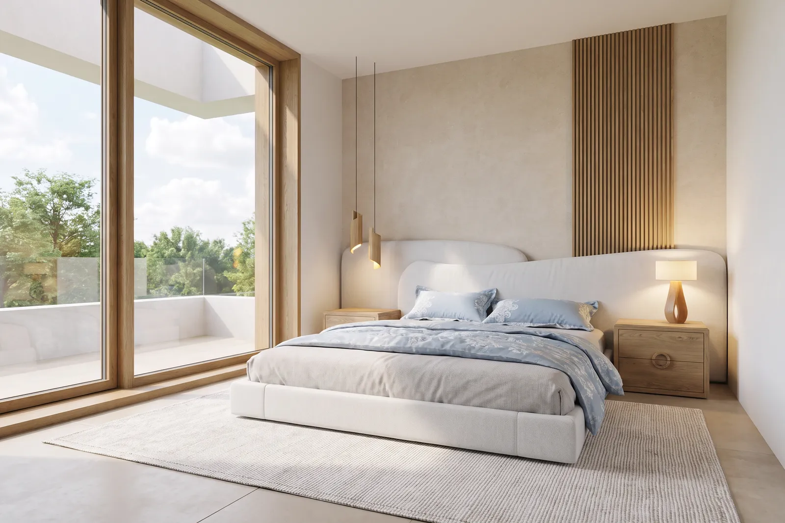 Dormitorio principal con una ventana esquinera escultórica, un cabecero tapizado curvo, ropa de cama con motivos azules y un balcón privado al fondo.