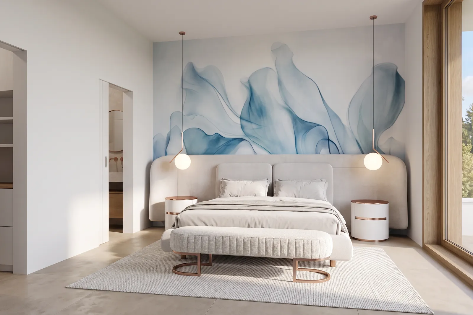 Dormitorio con un mural de pared en tonos azules ondulados, un cabecero tapizado curvo y lámparas colgantes en tono oro rosa a ambos lados de la cama.