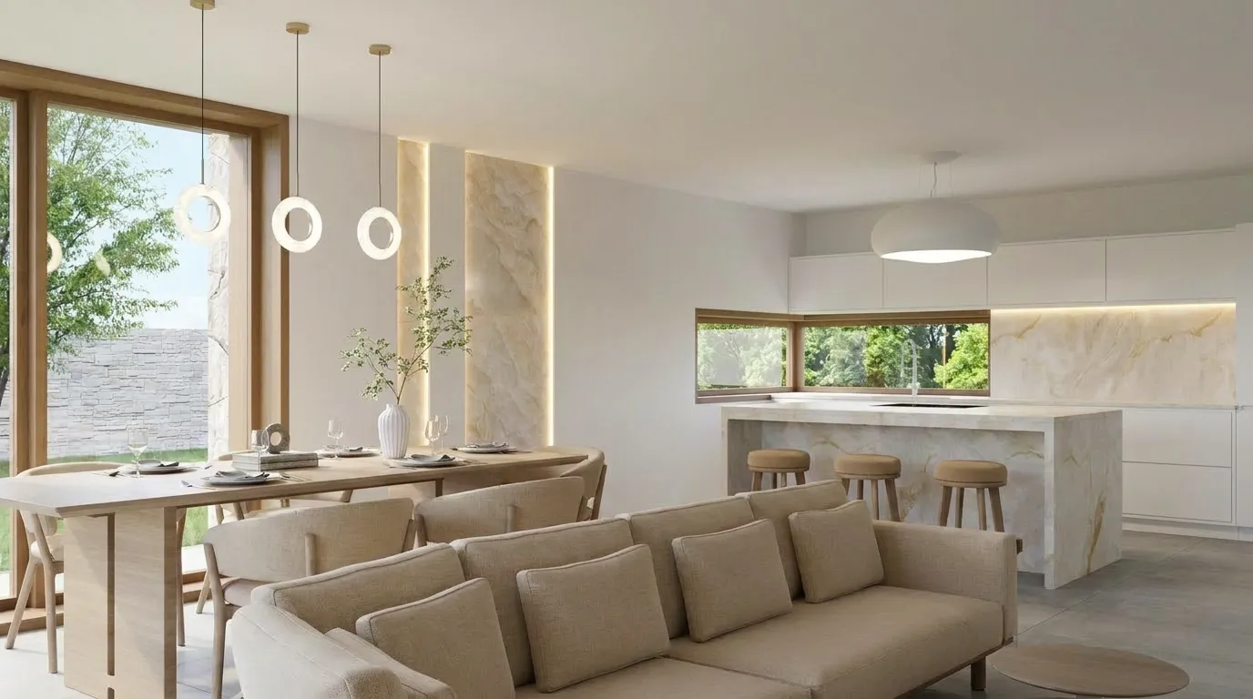 Open dining and kitchen area with a ring-pendant light fixture, a wood dining table, and a marble-topped kitchen island with bar stools.