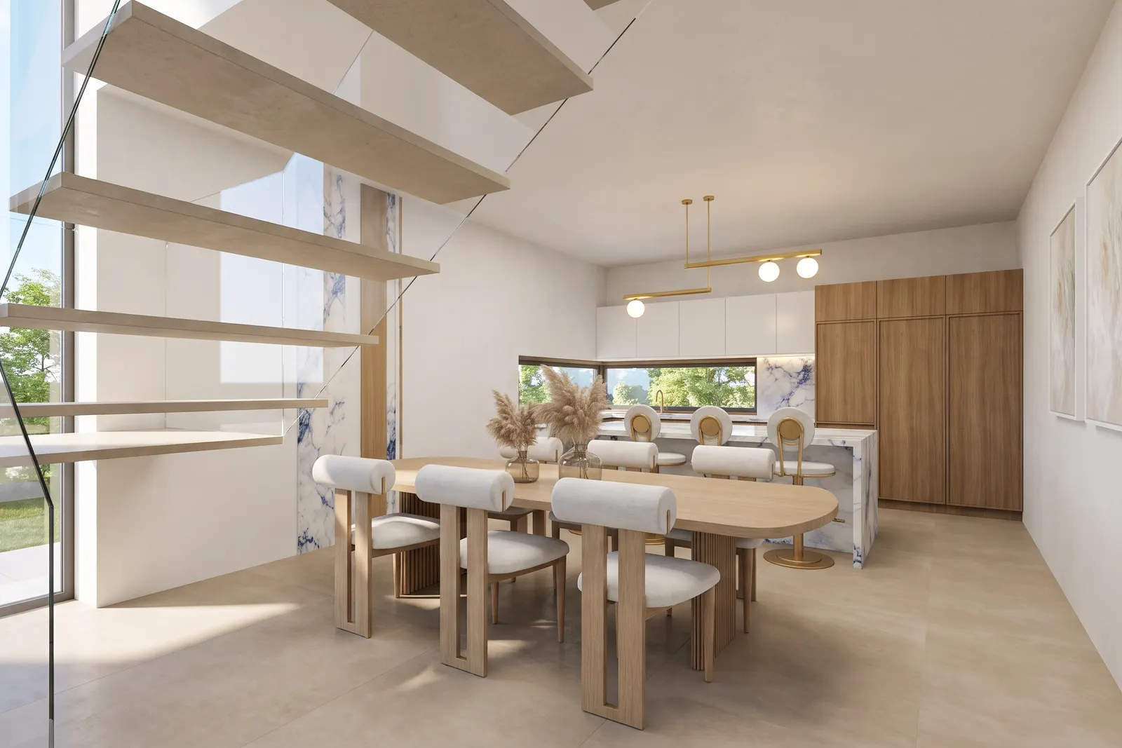 Zona de comedor bajo una escalera flotante, con una mesa ovalada de roble, sillas de bouclé, una lámpara colgante de latón y la isla de cocina visible al fondo.