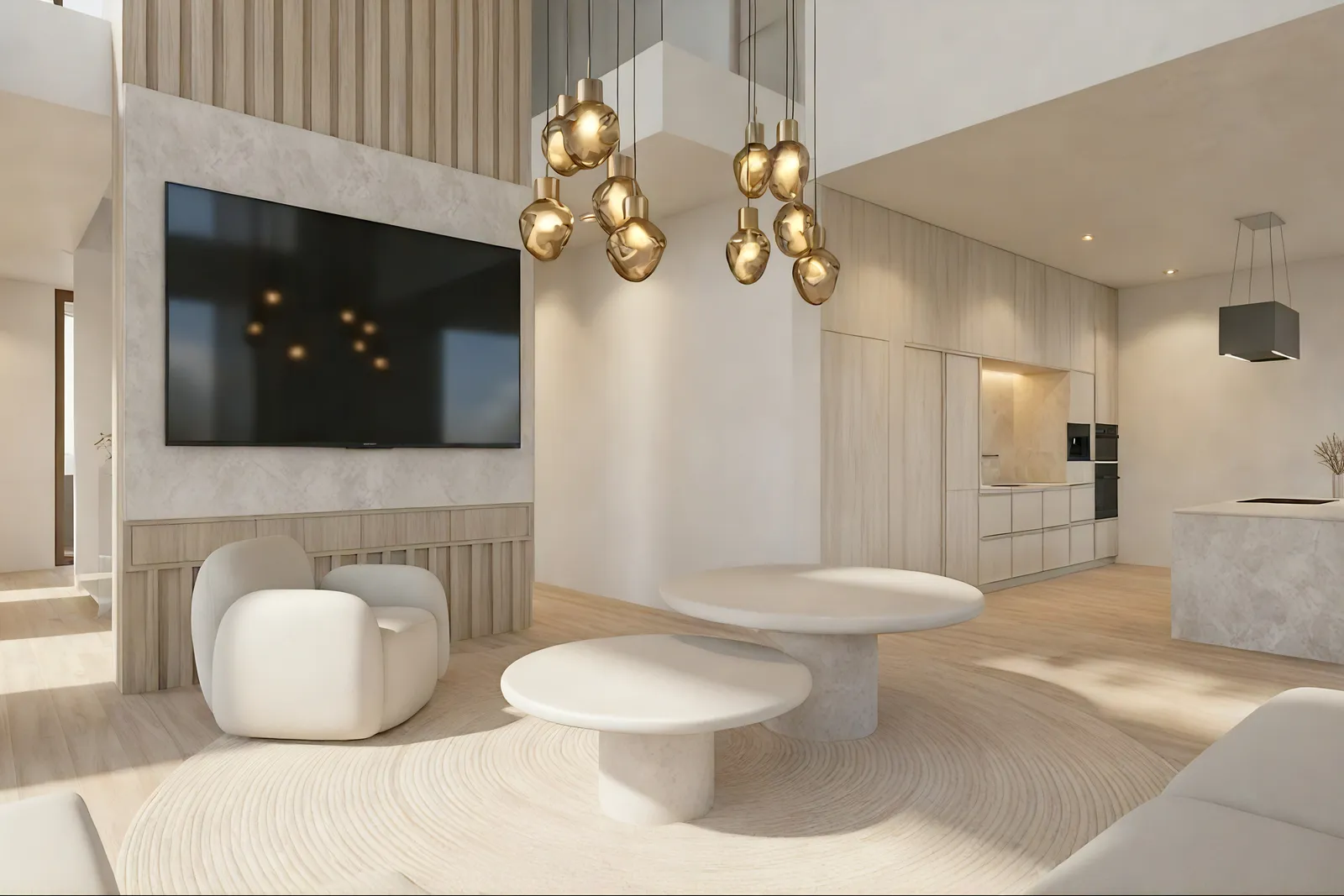 Dining area with a walnut table and upholstered chairs beneath a brass leaf-shaped pendant light, framed by abstract artwork and the kitchen beyond.