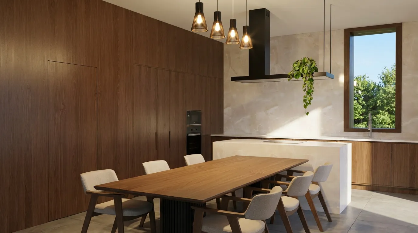Open kitchen and dining area with dark walnut cabinetry, a stone-topped island, pendant lighting, and a long walnut dining table.