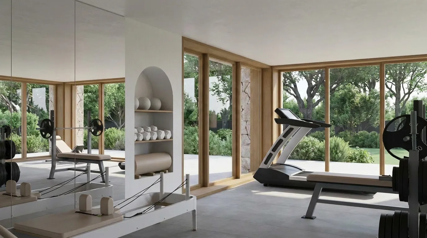 Home gym with a weight bench, treadmill, mirrored wall, and full-height windows opening onto the garden terrace.