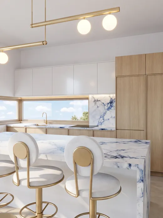 Open kitchen with pale oak cabinetry, a blue-veined marble backsplash and island, brass bar stools, and a brass linear pendant light.