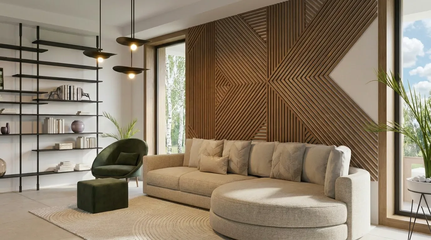 Open-plan living room with a geometric timber-slat feature wall, a curved beige sofa, and full-height windows framing the garden.