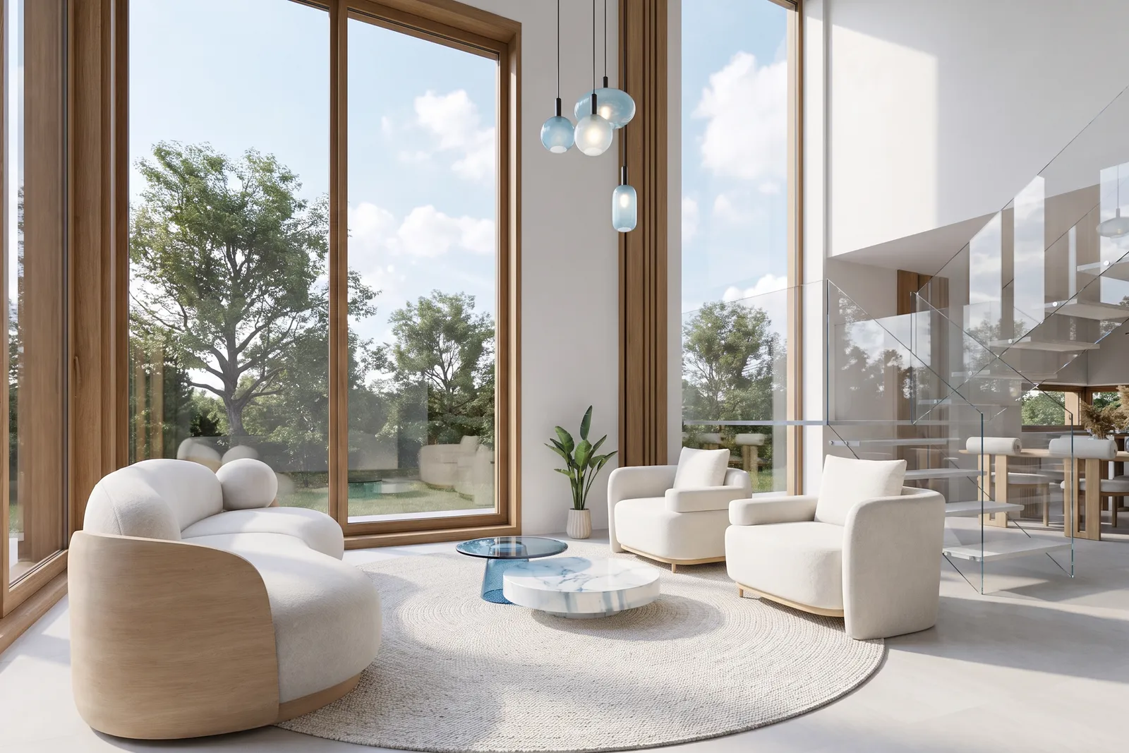 Salón de doble altura con ventanales de suelo a techo enmarcados en madera, sillones curvos de bouclé, una mesa de centro de mármol y una escalera flotante hacia el comedor al fondo.