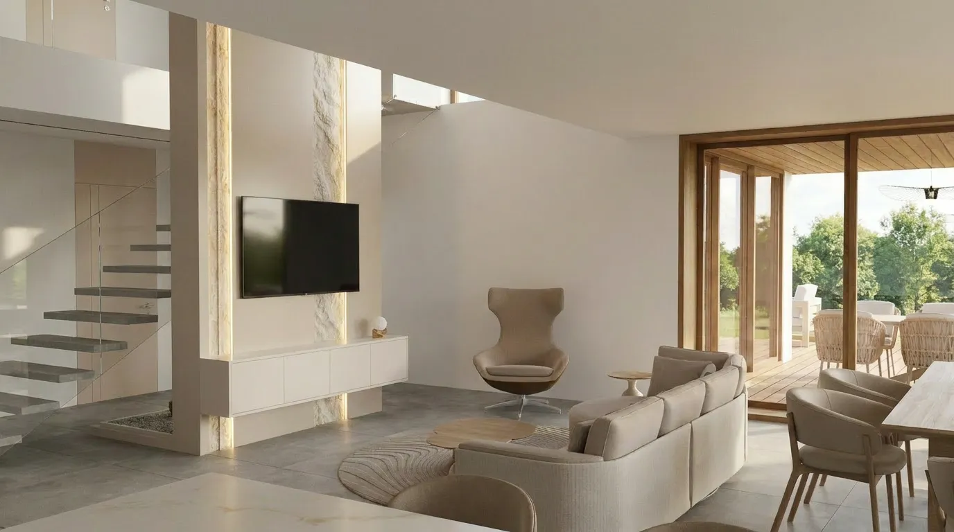 Double-height living room with a stone feature wall, a wall-mounted television, a curved swivel armchair, and a beige sectional sofa, open to the dining area beyond.