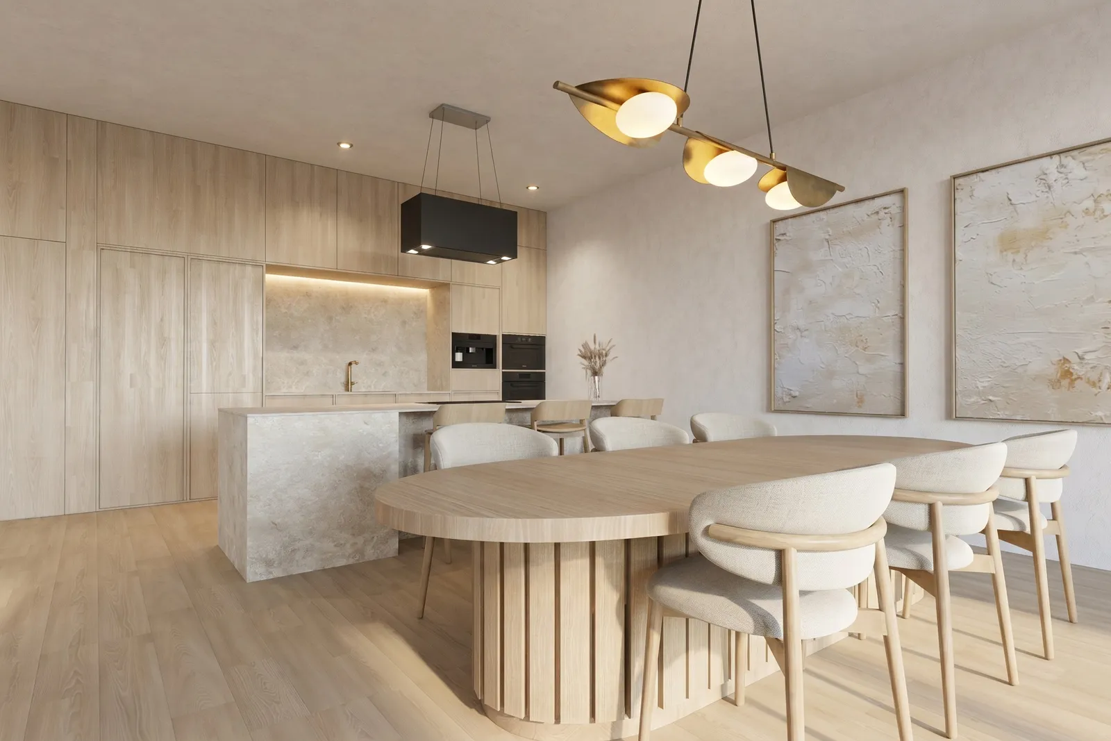 Open-plan living room with a stone-clad media wall, round bulb pendant lights, and low upholstered seating, with the kitchen visible beyond.