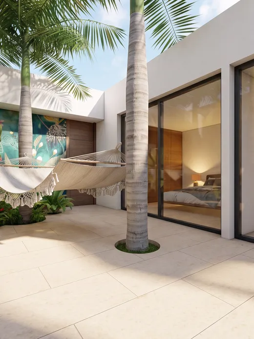 Render of a planted interior patio with tall palms, a woven hammock and a botanical mural wall, opening onto bedrooms through full-height glazing.