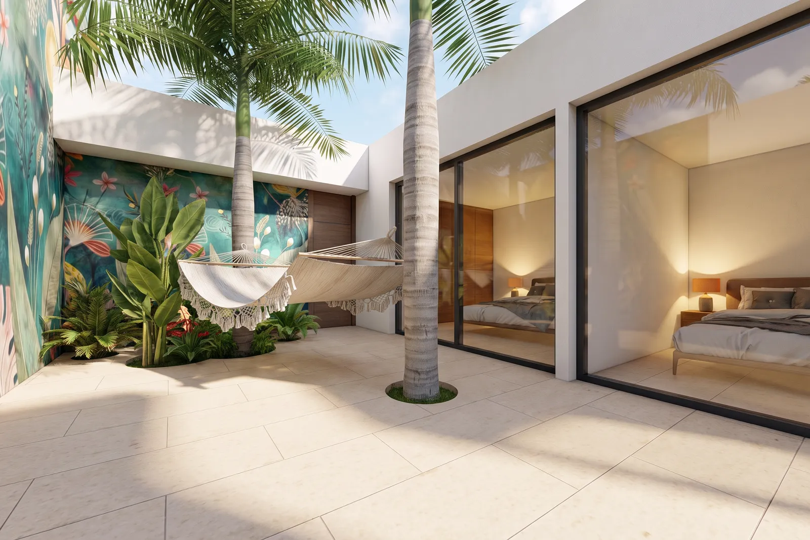 Render de un patio interior ajardinado con palmeras altas, una hamaca tejida y un muro con mural botánico, abierto a los dormitorios mediante grandes vidrieras.