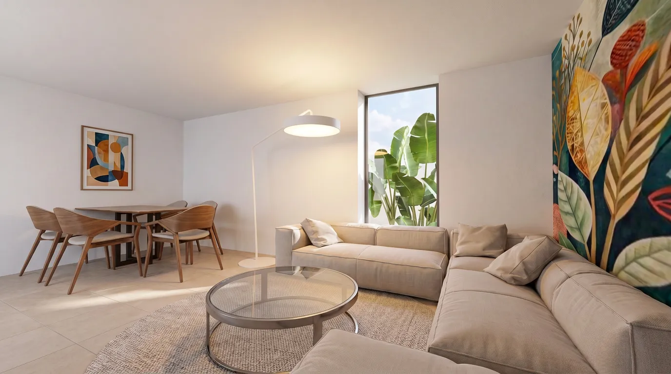 Render del salón comedor con un sofá de esquina, mesa de comedor de madera y un gran mural botánico en la pared del fondo.