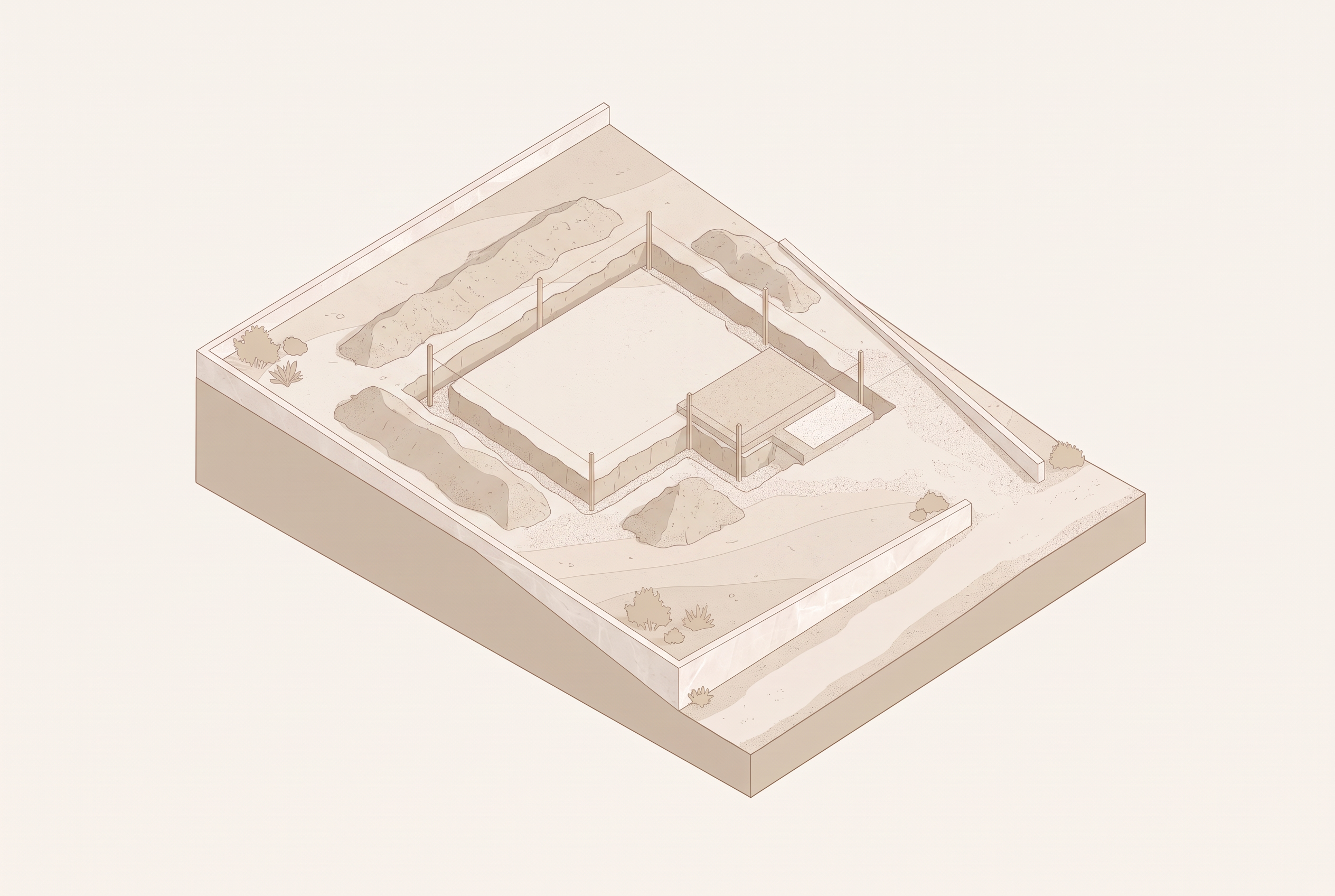 Isometric render of the plot excavated for footings, with the foundation outline staked out and soil mounds around the open trenches.