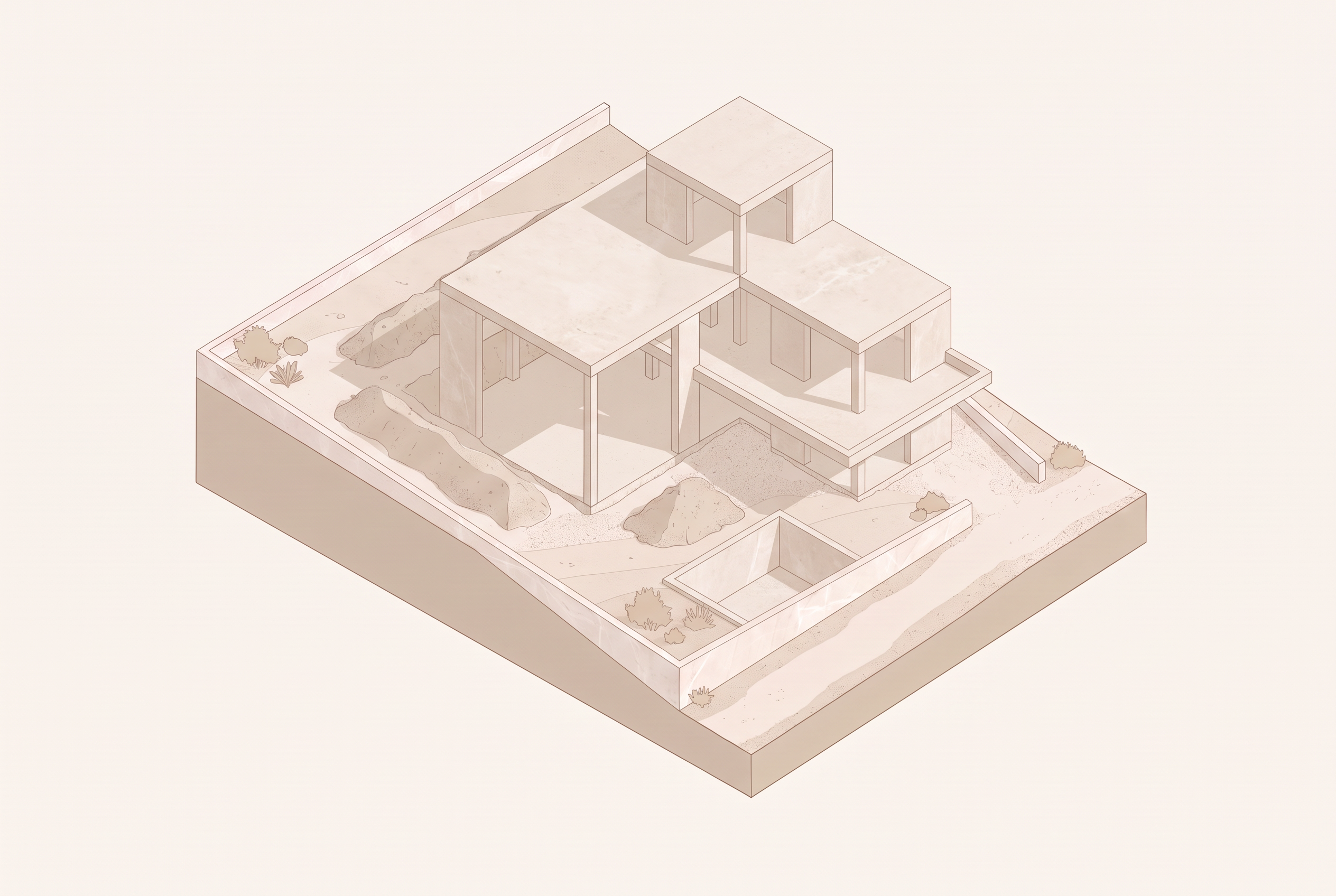 Isometric render of the building's structural frame and floor slabs up, with concrete columns outlining every room across two levels.