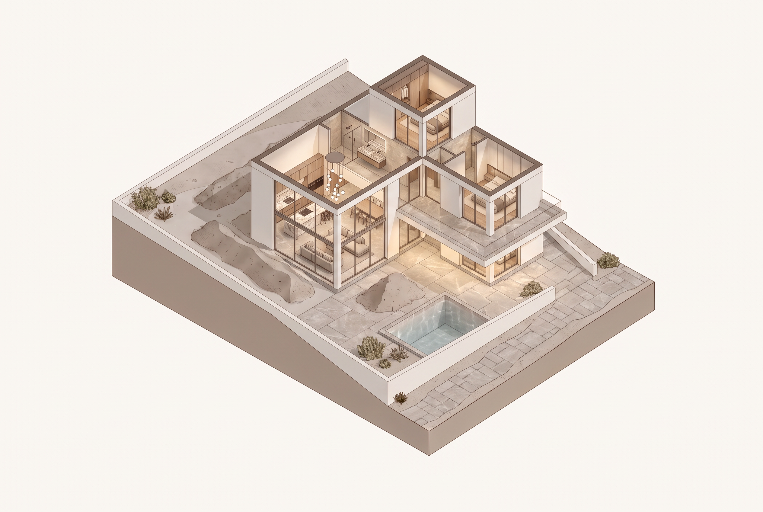 Cutaway isometric render of the finished interior, showing the fitted kitchen, furnished living room, bedrooms and a lit bathroom.