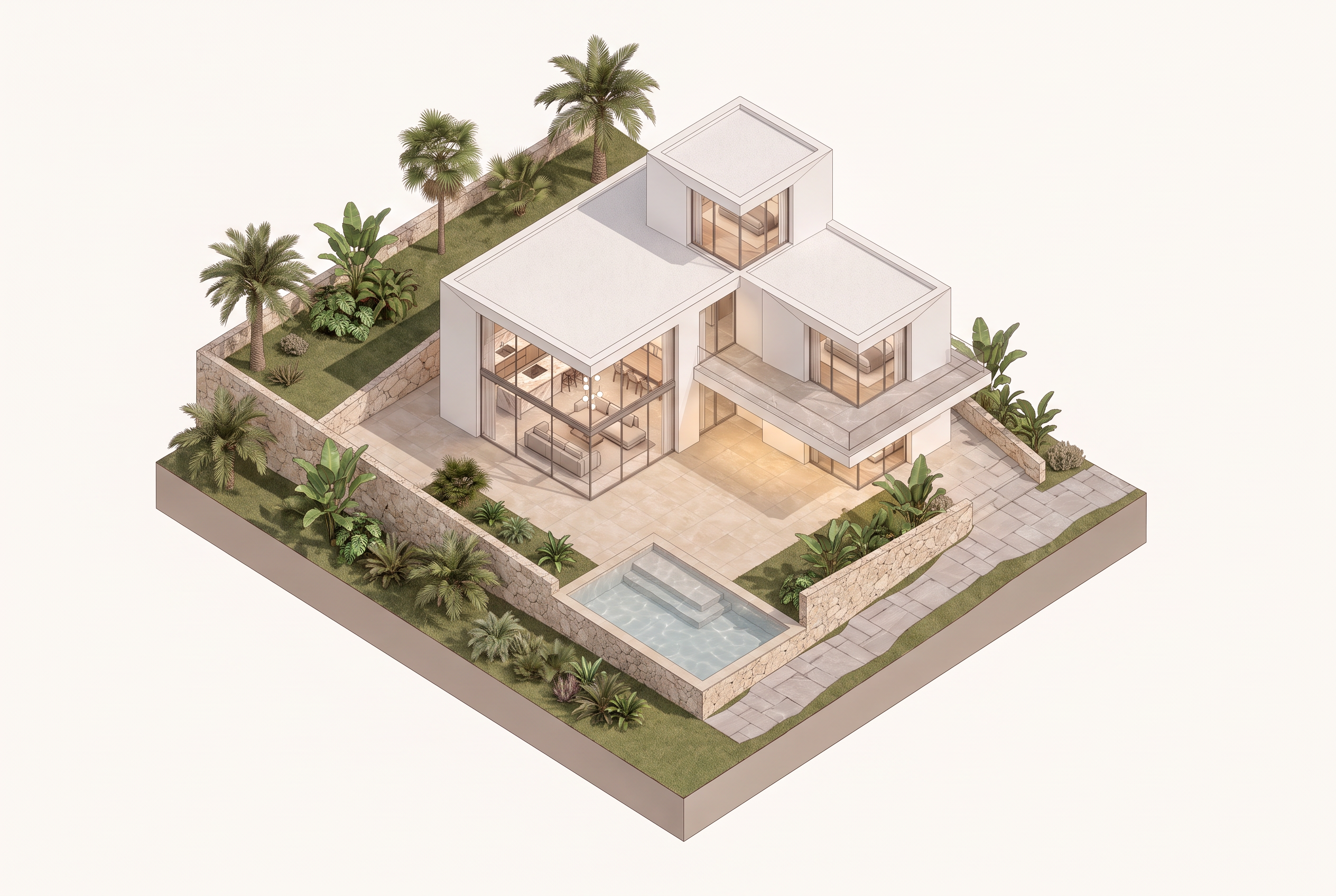 Isometric render of the completed house with mature palm trees, stone garden walls, a plunge pool and paved terraces.